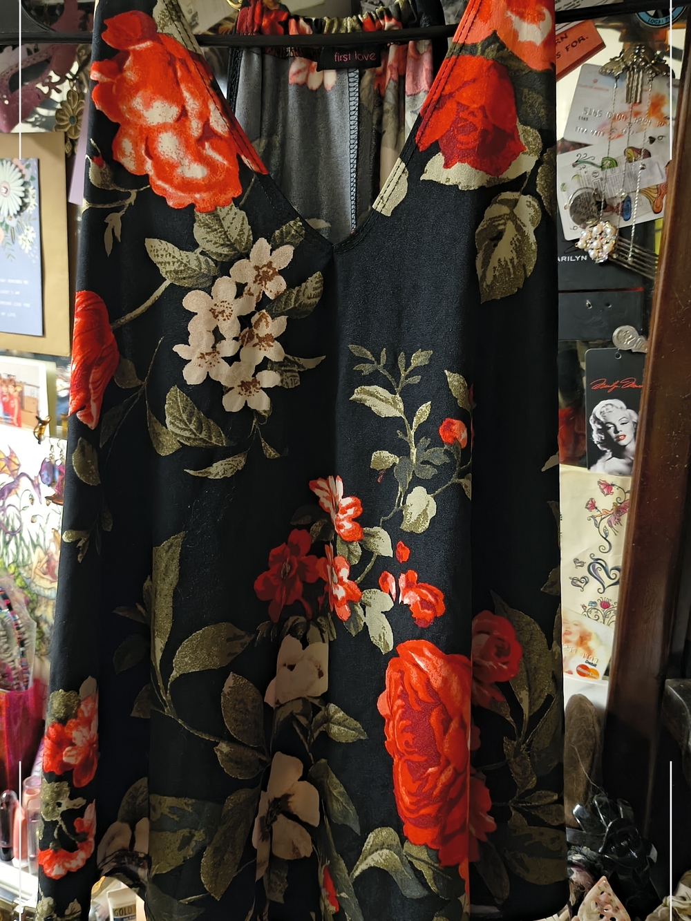 Black Floral V-Neck Swing Dress with Red Roses